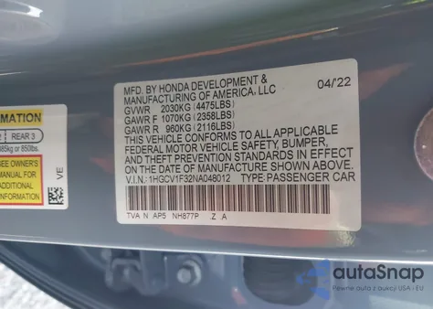 2022 Honda Accord Sport z USA, uszkodzony, nr VIN 1HGCV1F32NA048012